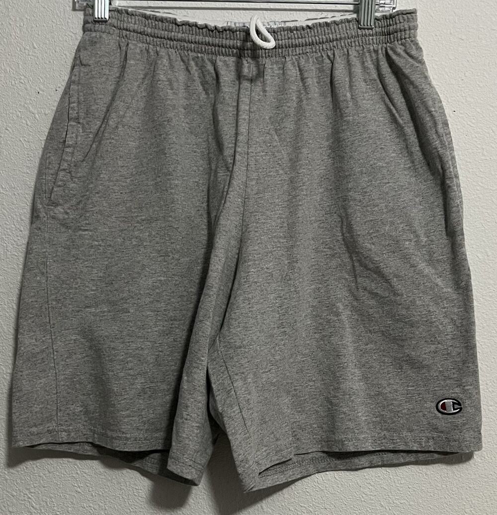 Champion Men's Gray Solid Sweat Shorts, Flat Front, Drawstring, Logo
